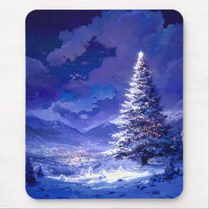 Glowing Christmas Tree Snowy Mountain Landscape Mouse Mat