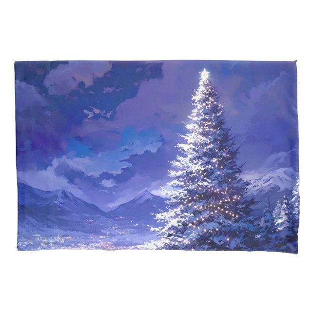 Glowing Christmas Tree Snowy Mountain Landscape Pillowcase (Front)