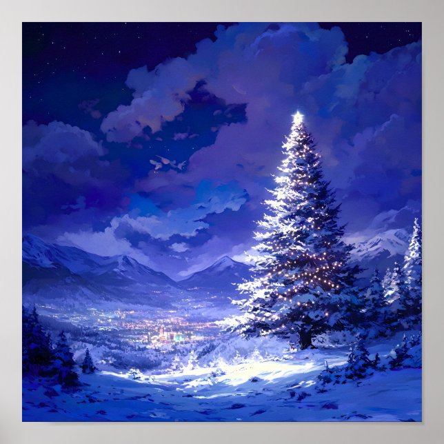 Glowing Christmas Tree Snowy Mountain Landscape Poster (Front)
