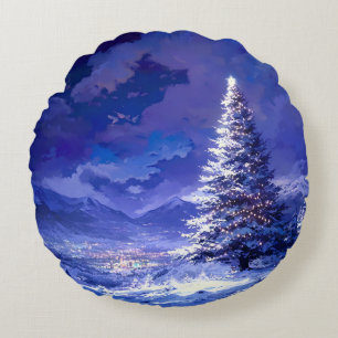 Glowing Christmas Tree Snowy Mountain Landscape Round Cushion