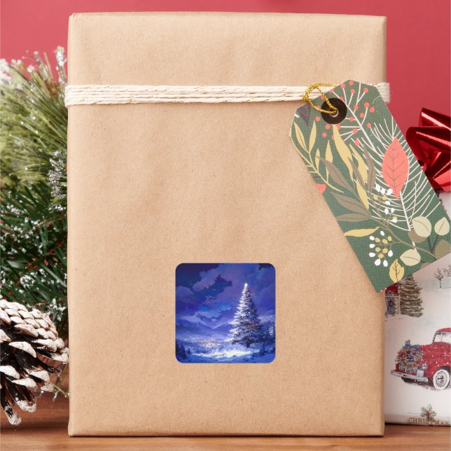 Glowing Christmas Tree Snowy Mountain Landscape Square Sticker (Holiday)
