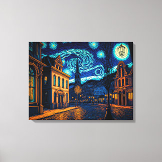 Glowing City Street under Starry Night Sky - Canvas Print