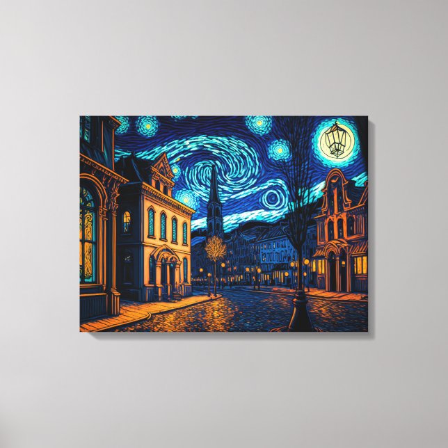 Glowing City Street under Starry Night Sky - Canvas Print (Front)