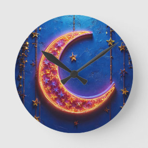 Glowing crescent moon round clock