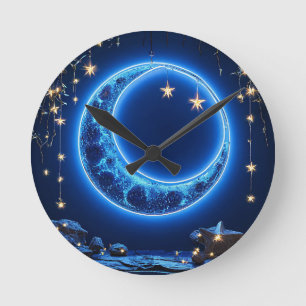 Glowing crescent moon round clock