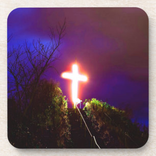 Glowing Cross At Night God Loves Coaster