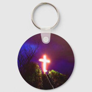 Glowing Cross At Night God Loves Key Ring