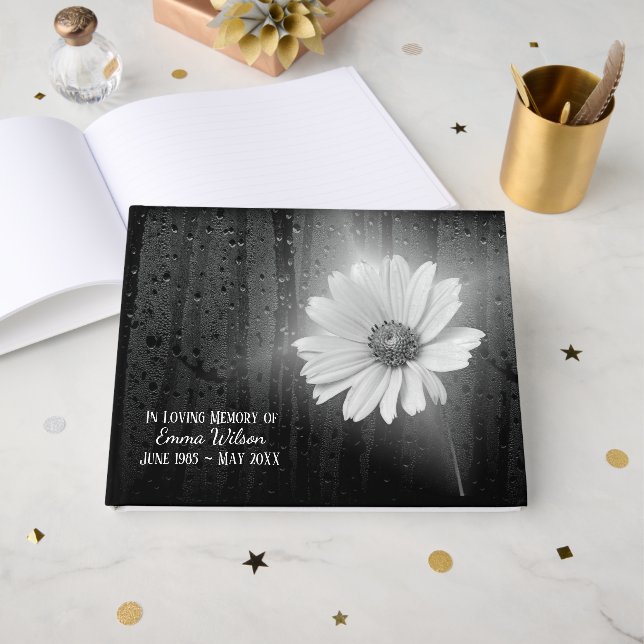 Glowing Daisy In Raindrops Funeral Guest Book (Front Open)