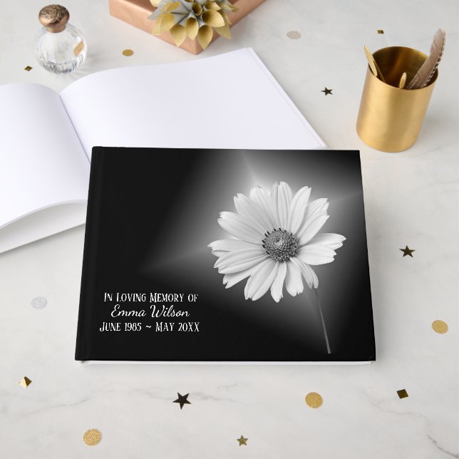 Glowing Daisy On Black Memorial Service Guest Book (Front Open)
