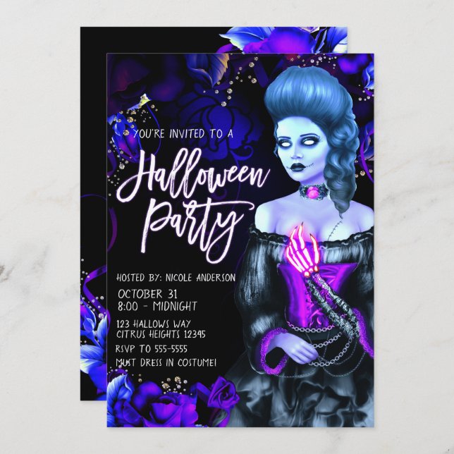 Glowing Dead Girl Purple Roses Halloween Party Invitation (Front/Back)