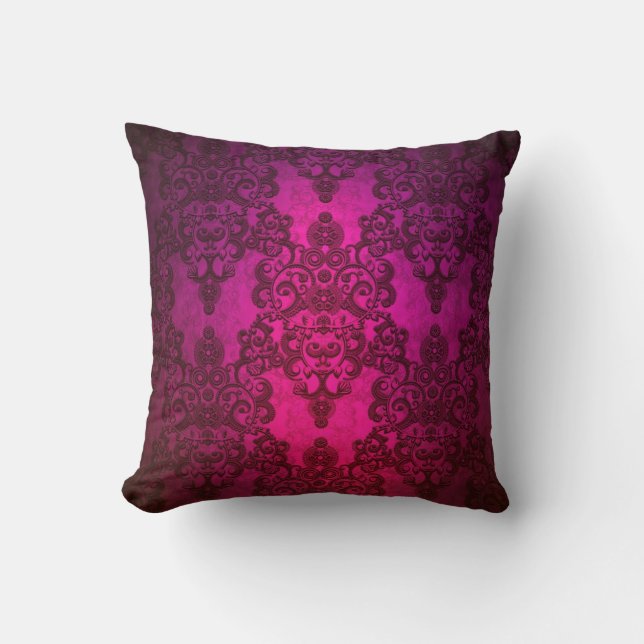 Glowing Deep Pink Damask Pattern Cushion (Front)