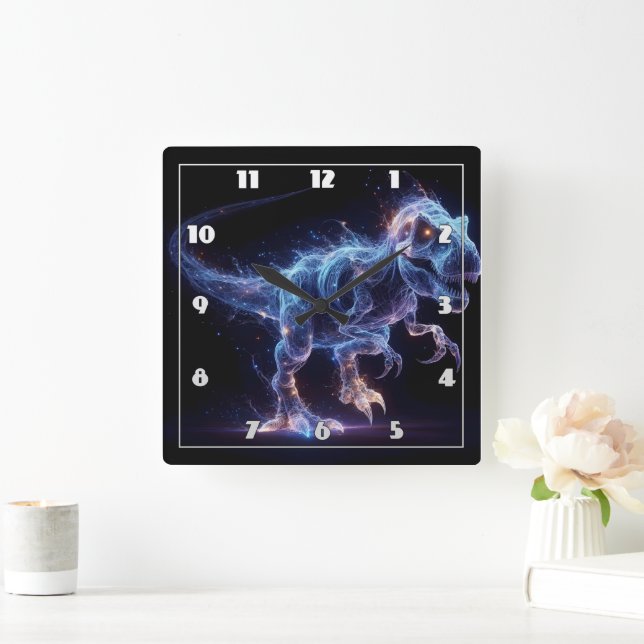 Glowing Dinosaur Roaming in a Starry Background Square Wall Clock (Home)