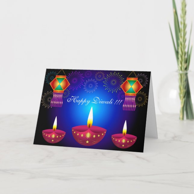 Glowing Diwali Lamps, Lanterns & Fireworks Card (Front)