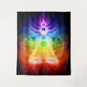 Glowing energy chakras of human body esoteric art tapestry