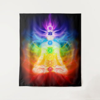Glowing energy chakras of human body esoteric art tapestry