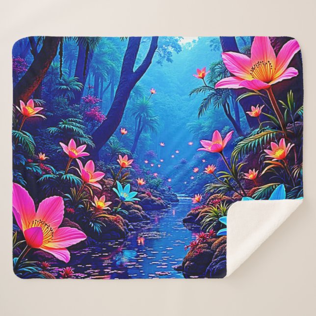 Glowing Ethereal Jungle Oasis Design Sherpa Blanket (Front (Horizontal))