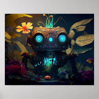 Glowing Eyes Tropical Forest Robot Poster
