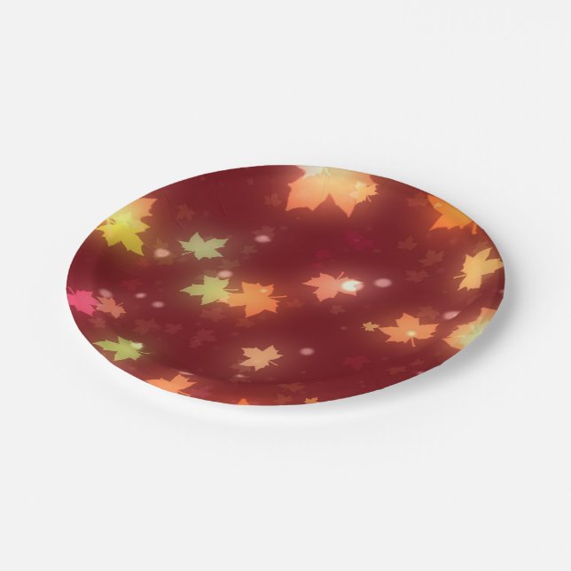 Glowing fall colourful maple leaf brown orange  paper plate (Angled)