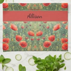 Glowing field of red poppies, personalizable  tea towel
