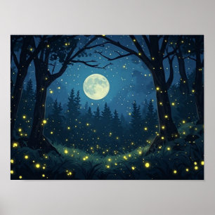 Glowing Fireflies in Moonlight Forest Poster
