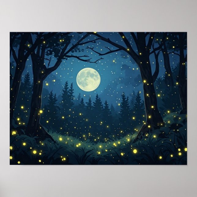 Glowing Fireflies in Moonlight Forest Poster (Front)