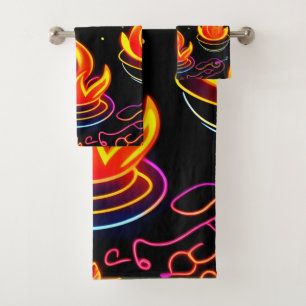 Glowing Flame Icons on Dark Canvas Bath Towel Set