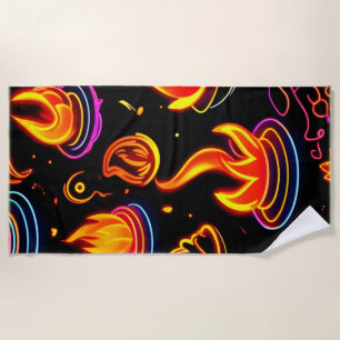 Glowing Flame Icons on Dark Canvas Beach Towel