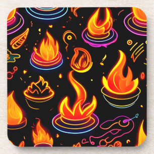 Glowing Flame Icons on Dark Canvas Coaster