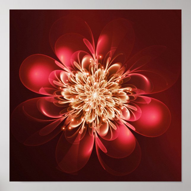 Glowing Flower Fractal Sparkles Red Poster (Front)