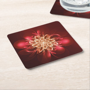 Glowing Flower Fractal Sparkles Red Square Paper Coaster