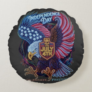 Glowing Freedom Eagle: Electric July 4th Art Round Cushion
