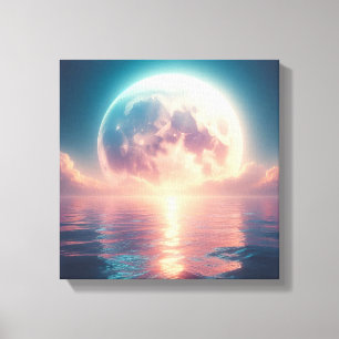 Glowing Full Moon On Serene Ocean Horizon Canvas Print