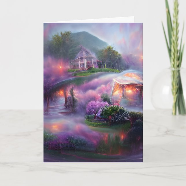 Glowing Gazebo Wispy Purple wisteria at the pond Card (Front)