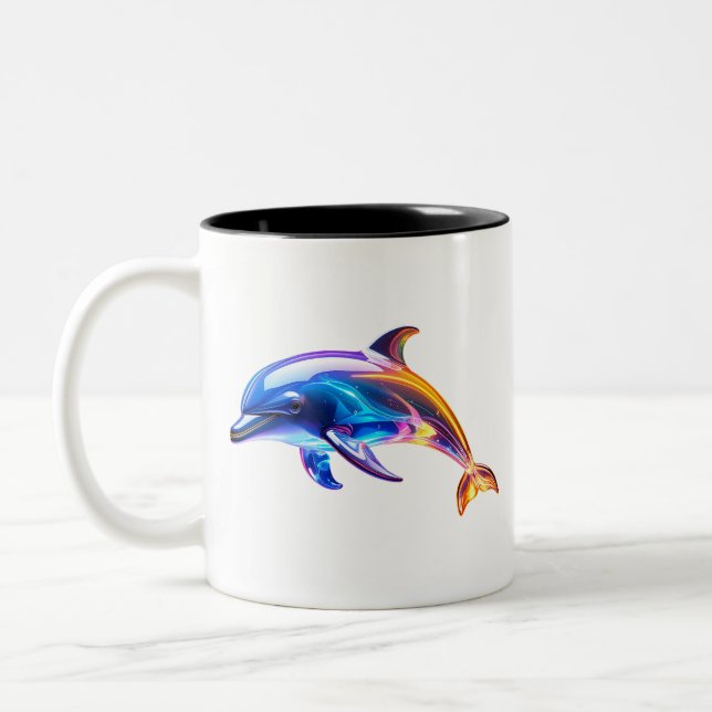 Glowing Glass Dolphin Art Two-Tone Coffee Mug (Left)