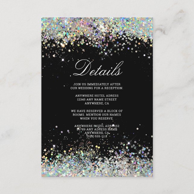 Glowing Glitter Elegant Modern Wedding Black Enclosure Card (Front)