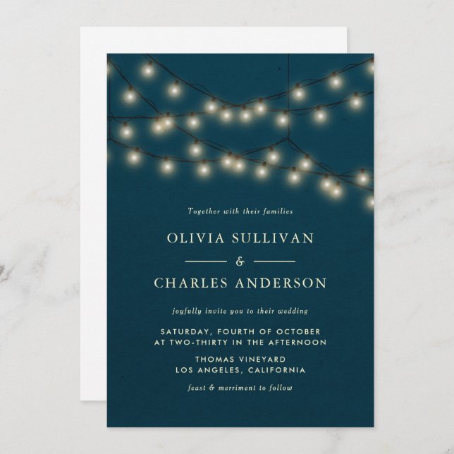 Glowing Globe String Lights Rustic Teal Wedding Invitation (Front/Back)