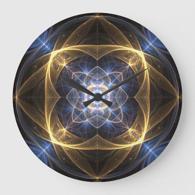 Glowing Gold & Blue Energy Fractal Clock (Front)