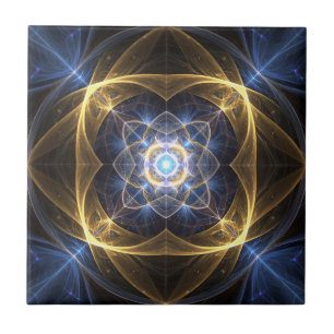 Glowing Gold Blue Fractal Tile