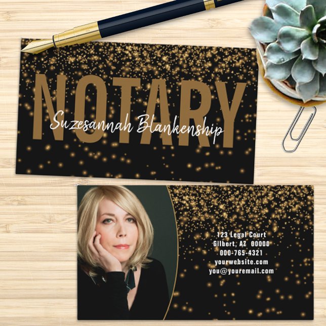  Glowing Gold Glitter On Black Custom Photo Notary Business Card (Creator Uploaded)
