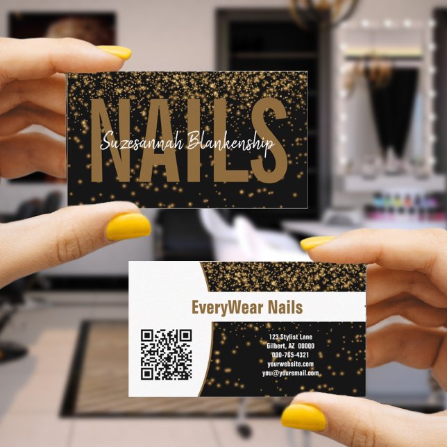 Glowing Gold Glitter Over Black Custom QR Code Business Card (This black, gold and white business card design offers a place for a QR code to a significant link.)