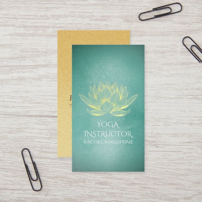 Glowing Gold Lotus and Teal Grunge Yoga Instructor Business Card (Front/Back In Situ)