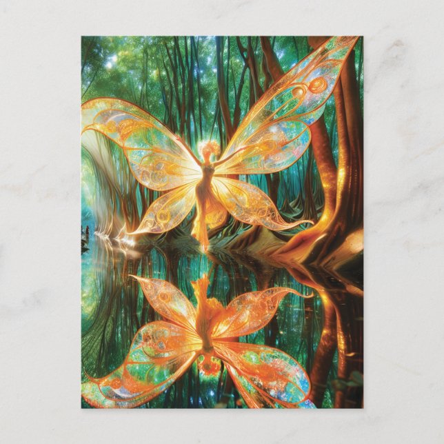 Glowing Golden Fairy Flying through Forest Postcard (Front)