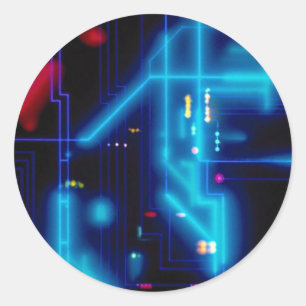 Glowing graphic circuit board classic round sticker