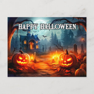 Glowing Graveyard Pumpkins Happy Halloween Postcard