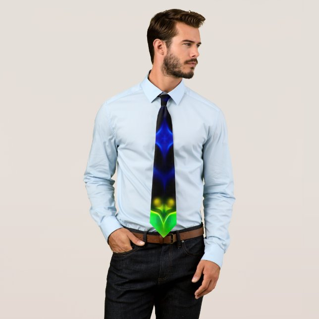 Glowing Green and Blue Fractal Design Neck Tie (In Situ)