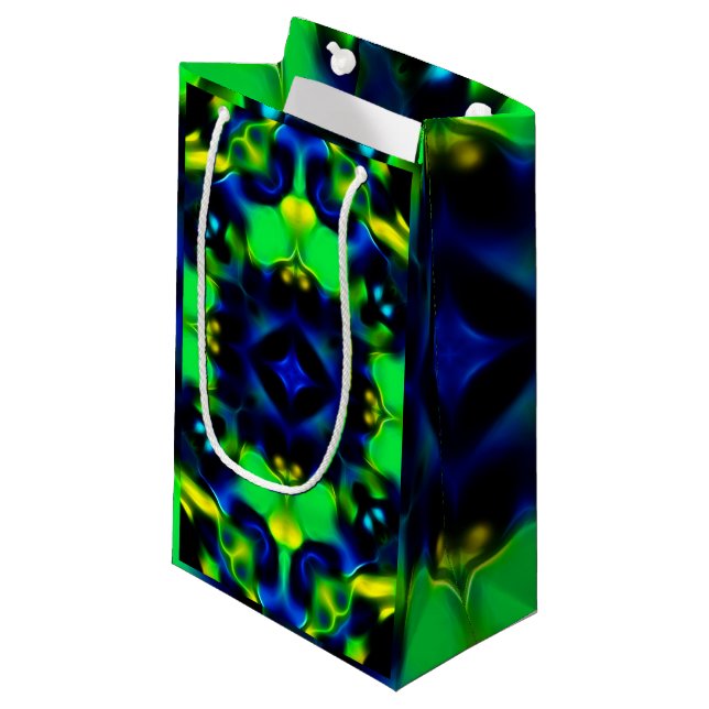 Glowing Green and Blue Fractal Design Small Gift Bag (Front Angled)
