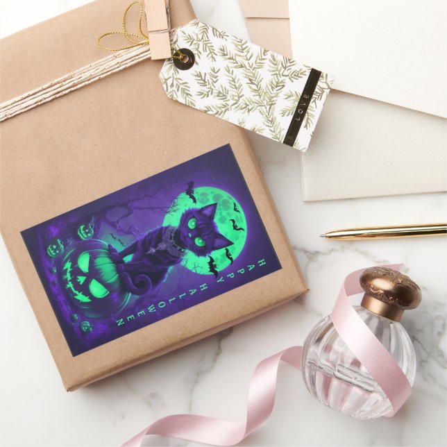 Glowing Green Eyes Black Cat Rectangular Sticker (Gifting)