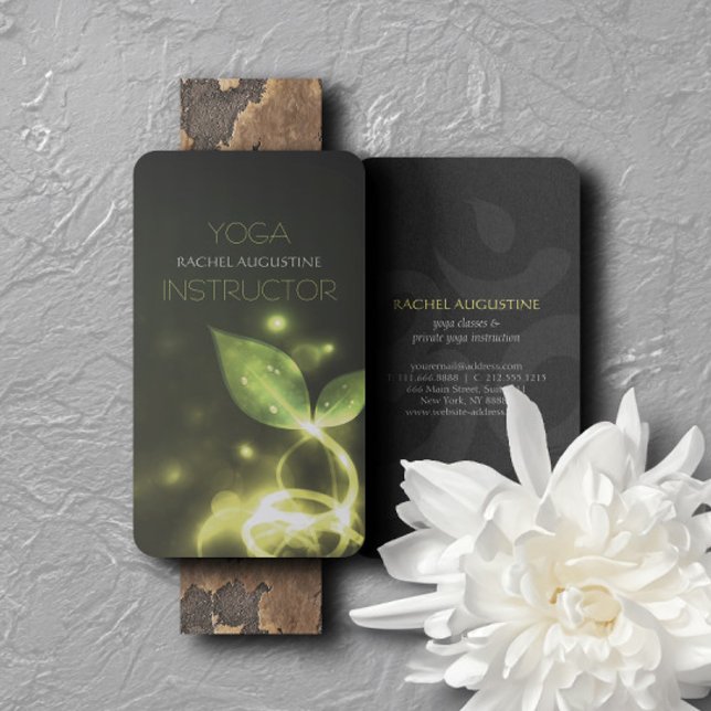 Glowing Green Leaves and OM Symbol Yoga Instructor Business Card (Creator Uploaded)