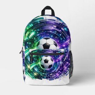Glowing Green Purple Futuristic Soccer Ball Printed Backpack
