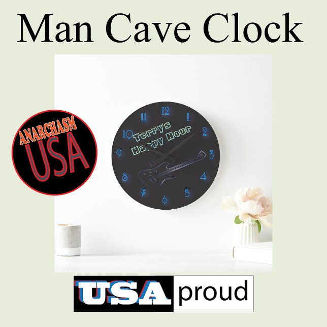 Glowing Guitar Neon Sign Personalised Happy Hour Large Clock (decorate your bar or mancave)